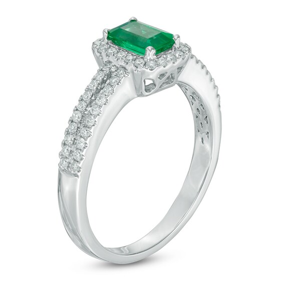 Emerald and 1/3 CT. T.w. Diamond Frame Engagement Ring in 14K White Gold