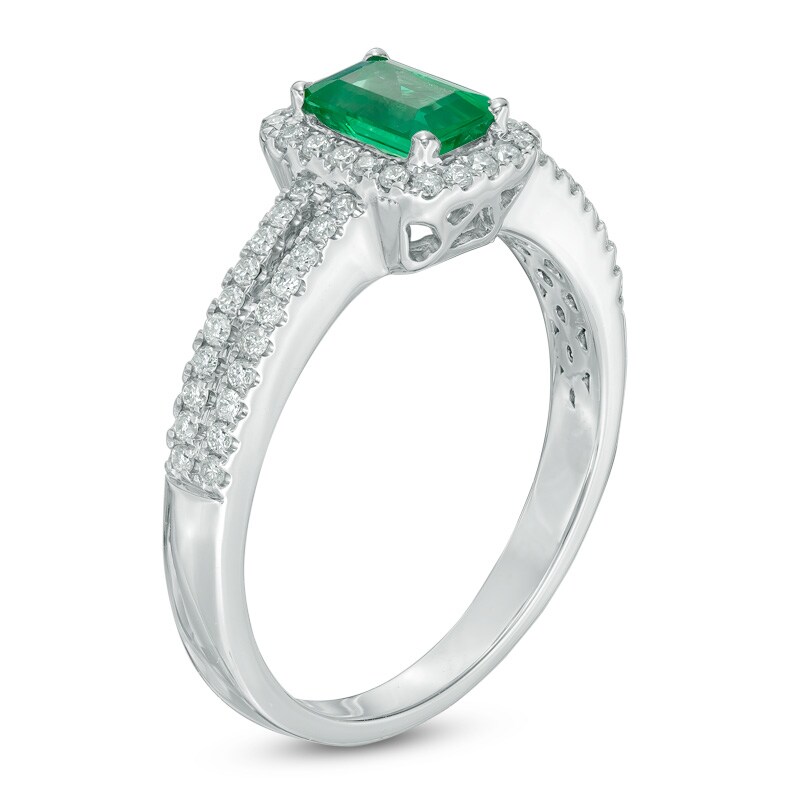 Main Image 2 of Emerald and 1/3 CT. T.W. Diamond Frame Engagement Ring in 14K White Gold