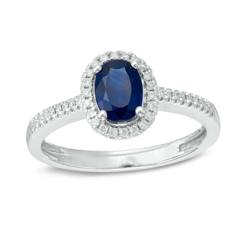 Main Image 1 of Oval Blue Sapphire and 1/7 CT. T.W. Diamond Frame Engagement Ring in 14K White Gold
