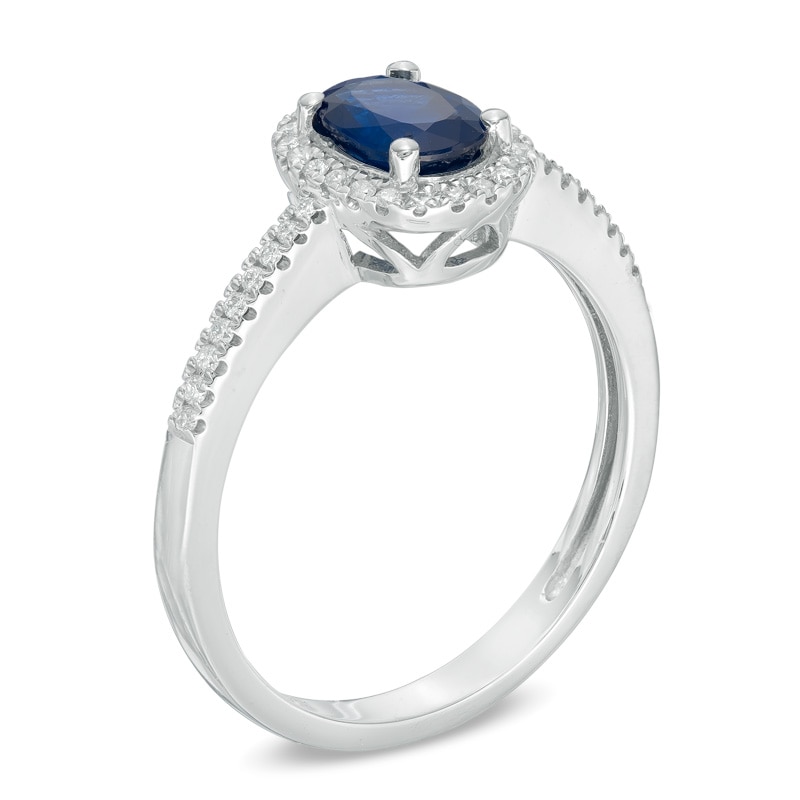 Main Image 2 of Oval Blue Sapphire and 1/7 CT. T.W. Diamond Frame Engagement Ring in 14K White Gold