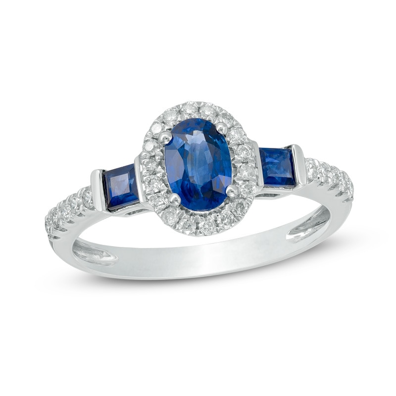 Main Image 1 of Oval Blue Sapphire and 1/5 CT. T.W. Diamond Frame Engagement Ring in 14K White Gold