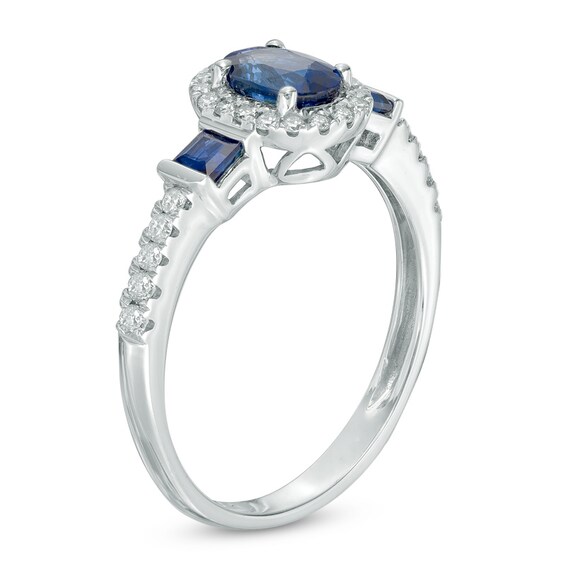 Oval Blue Sapphire and 1/5 CT. T.w. Diamond Frame Engagement Ring in 14K White Gold