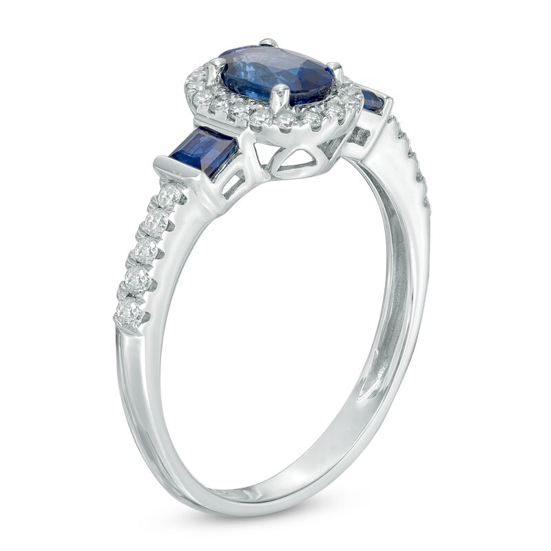 Main Image 2 of Oval Blue Sapphire and 1/5 CT. T.W. Diamond Frame Engagement Ring in 14K White Gold