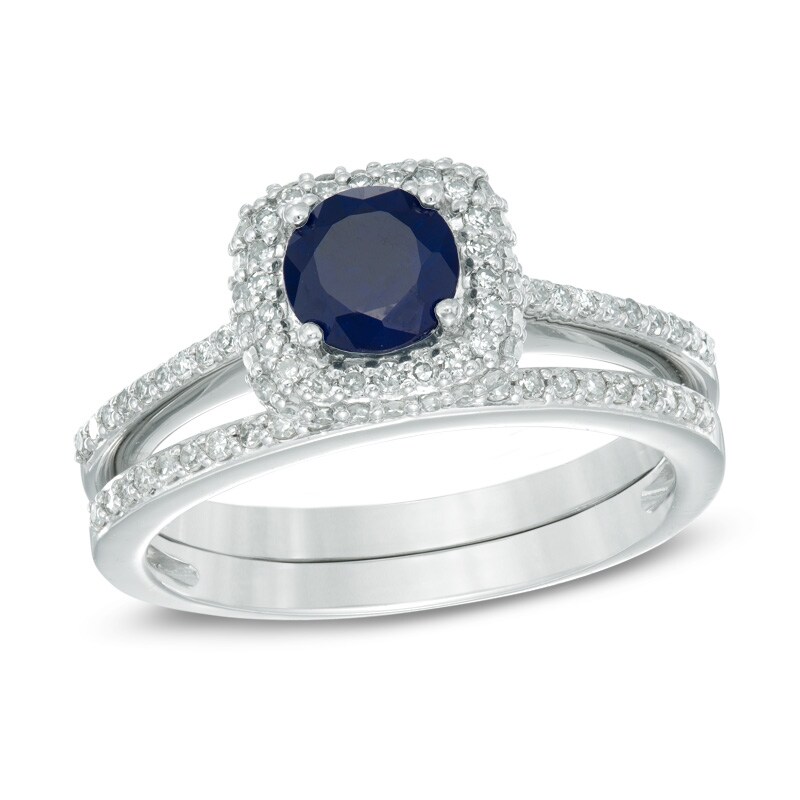 Main Image 1 of 5.5mm Blue Sapphire and 1/2 CT. T.W. Diamond Frame Bridal Set in 14K White Gold