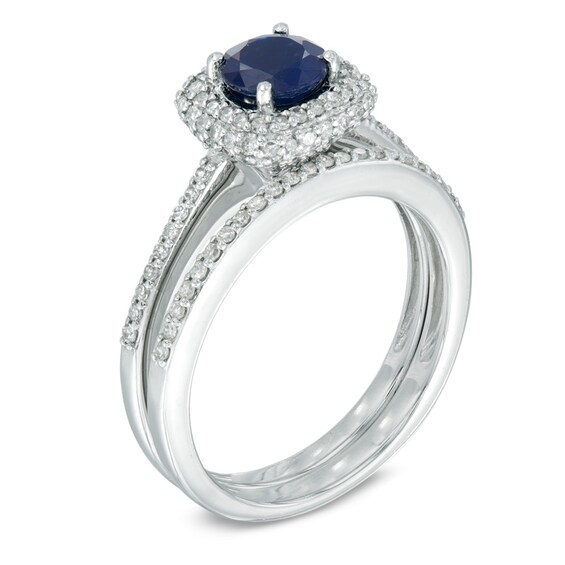 5.5mm Blue Sapphire and 1/2 CT. T.w. Diamond Frame Bridal Set in 14K White Gold