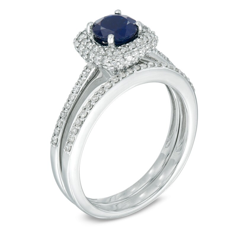 Main Image 2 of 5.5mm Blue Sapphire and 1/2 CT. T.W. Diamond Frame Bridal Set in 14K White Gold