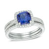 Thumbnail Image 0 of 7.0mm Cushion-Cut Tanzanite and 1/2 CT. T.W. Diamond Frame Bridal Set in 14K White Gold