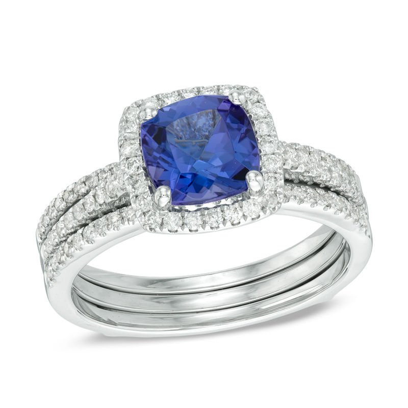 Main Image 1 of 7.0mm Cushion-Cut Tanzanite and 1/2 CT. T.W. Diamond Frame Bridal Set in 14K White Gold