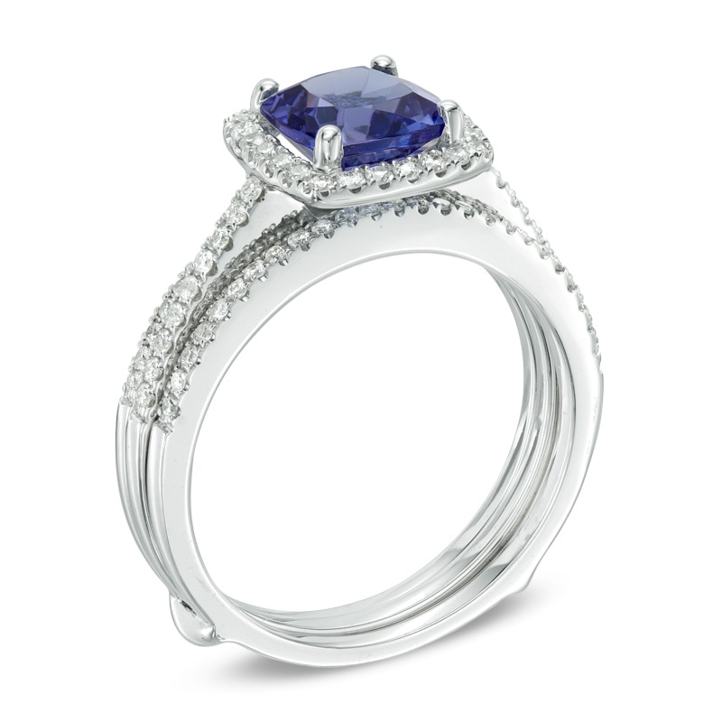 Main Image 2 of 7.0mm Cushion-Cut Tanzanite and 1/2 CT. T.W. Diamond Frame Bridal Set in 14K White Gold