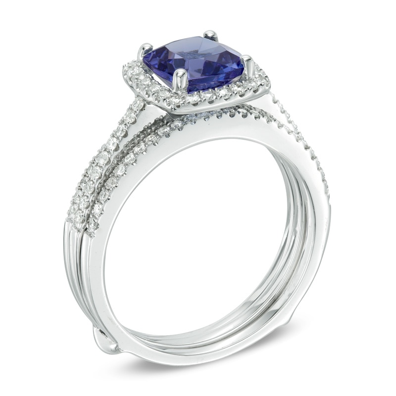 7.0mm Cushion-Cut Tanzanite and 1/2 CT. T.W. Diamond Frame Bridal Set in 14K White Gold