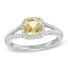 6.0mm Cushion-Cut Yellow Beryl and 1/5 CT. T.W. Diamond Frame Engagement Ring in 14K White Gold