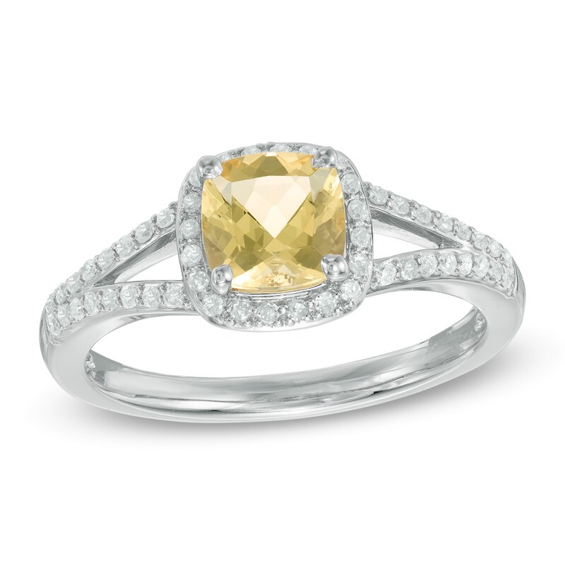 Main Image 1 of 6.0mm Cushion-Cut Yellow Beryl and 1/5 CT. T.W. Diamond Frame Engagement Ring in 14K White Gold