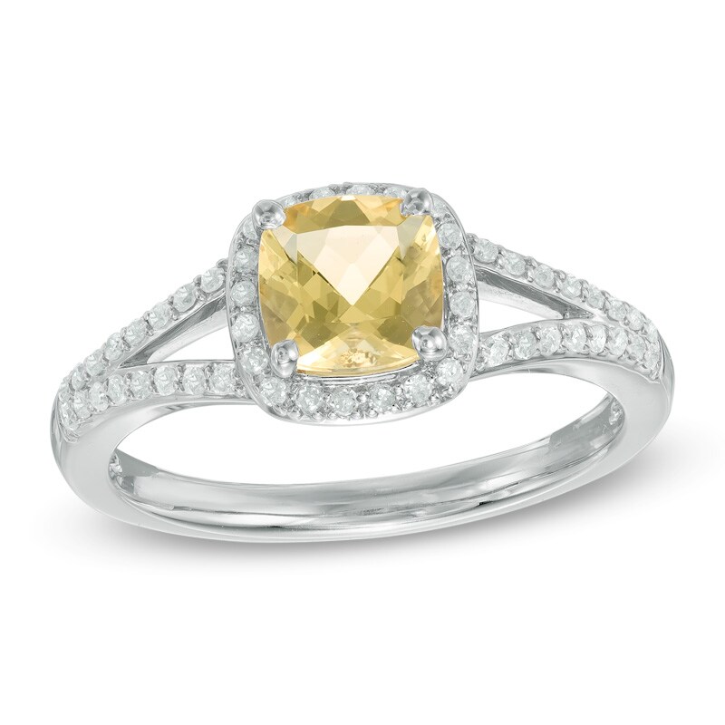 6.0mm Cushion-Cut Yellow Beryl and 1/5 CT. T.W. Diamond Frame Engagement Ring in 14K White Gold