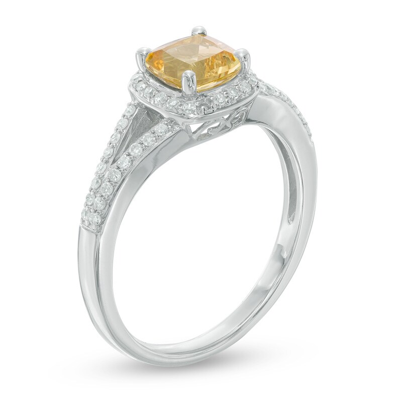 Main Image 2 of 6.0mm Cushion-Cut Yellow Beryl and 1/5 CT. T.W. Diamond Frame Engagement Ring in 14K White Gold