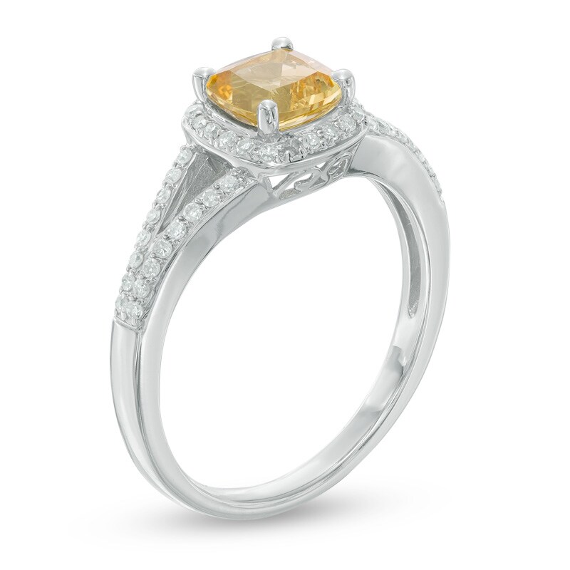 6.0mm Cushion-Cut Yellow Beryl and 1/5 CT. T.W. Diamond Frame Engagement Ring in 14K White Gold