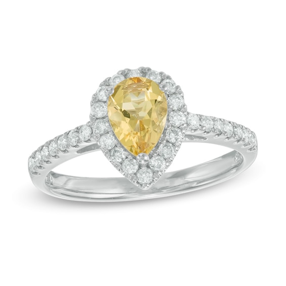 Pear-Shaped Yellow Beryl and 1/4 CT. T.w. Diamond Frame Ring in 14K White Gold