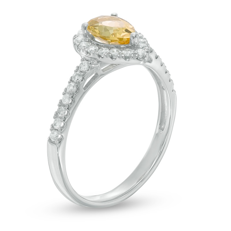 Main Image 2 of Pear-Shaped Yellow Beryl and 1/4 CT. T.W. Diamond Frame Ring in 14K White Gold