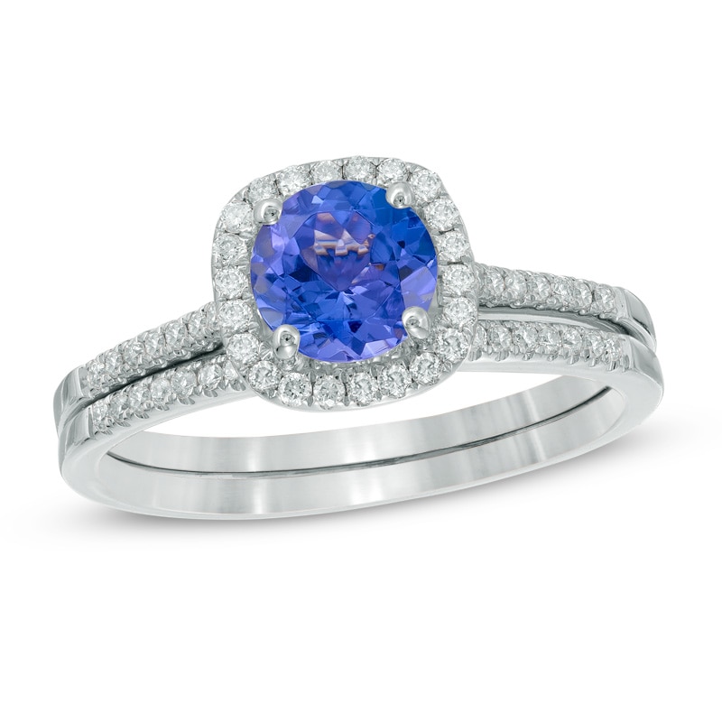 Main Image 1 of 6.0mm Tanzanite and 1/4 CT. T.W. Diamond Frame Bridal Set in 14K White Gold