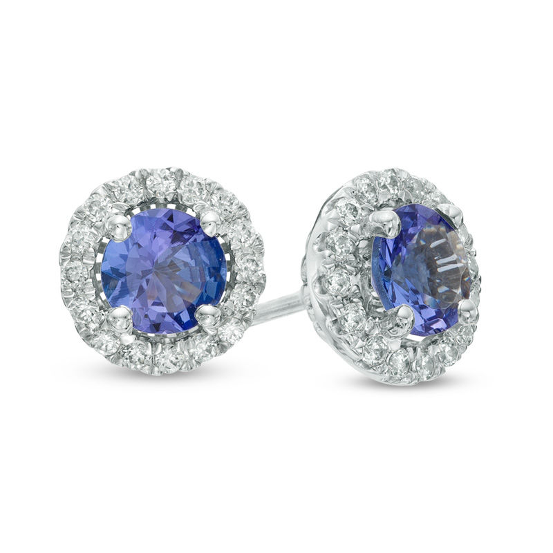 Main Image 1 of 5.0mm Tanzanite and 1/6 CT. T.W. Diamond Frame Stud Earrings in 10K White Gold