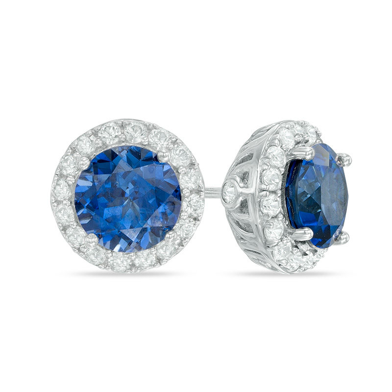 7.0mm Lab-Created Blue and White Sapphire Frame Stud Earrings in Sterling Silver