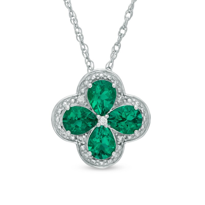 Main Image 1 of Pear-Shaped Lab-Created Emerald and White Sapphire Clover Pendant in Sterling Silver