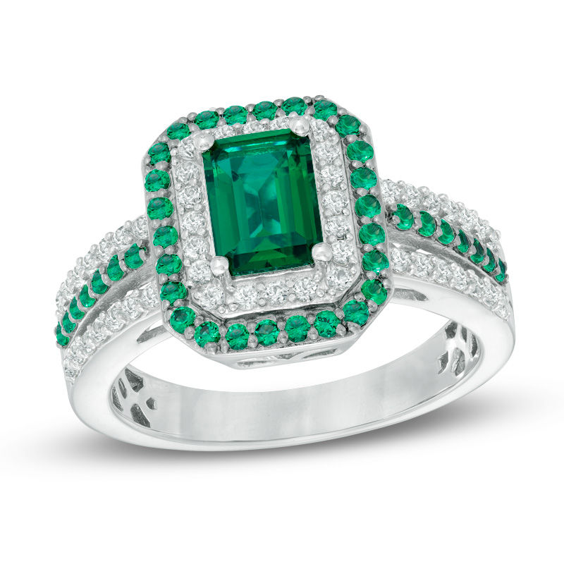 Main Image 1 of Lab-Created Emerald and White Sapphire Double Frame Ring in Sterling Silver
