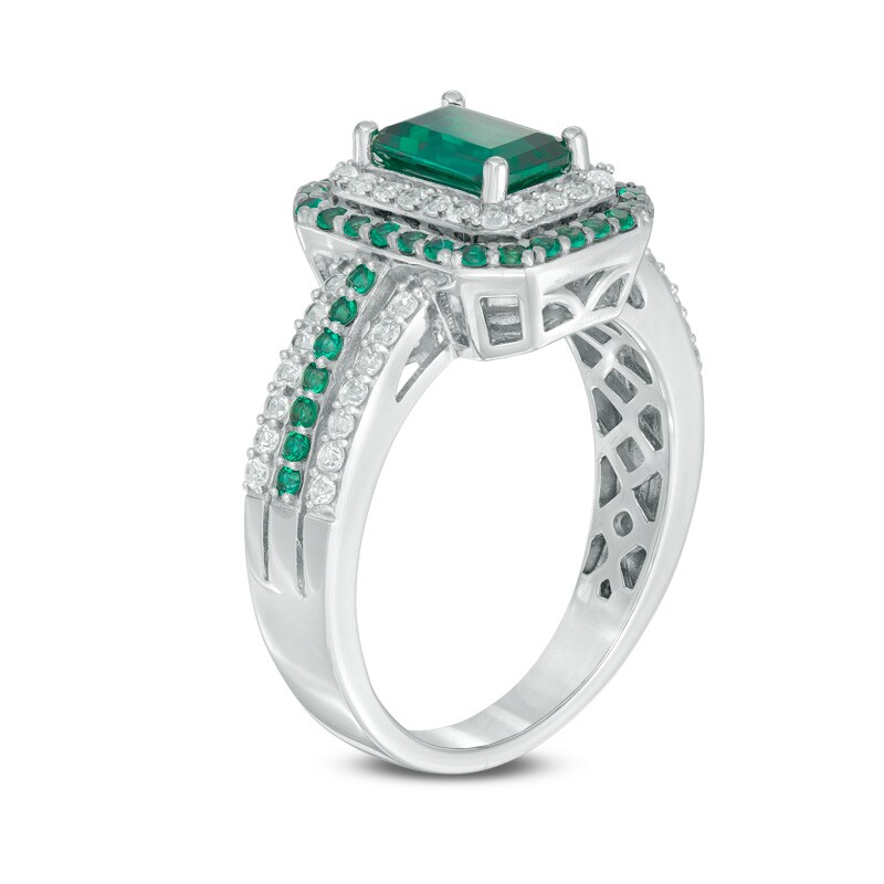Main Image 2 of Lab-Created Emerald and White Sapphire Double Frame Ring in Sterling Silver