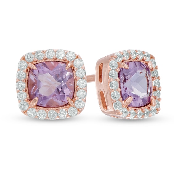 5.0mm Cushion-Cut Amethyst and Lab-Created White Sapphire Frame Stud Earrings in Sterling Silver and 14K Rose Gold Plate
