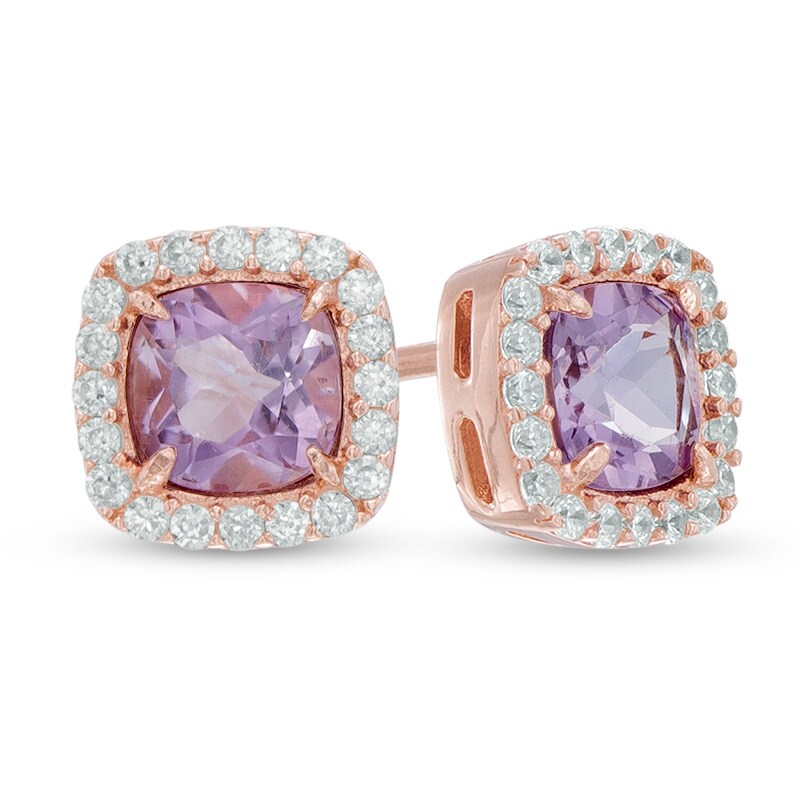Main Image 1 of 5.0mm Cushion-Cut Amethyst and Lab-Created White Sapphire Frame Stud Earrings in Sterling Silver and 14K Rose Gold Plate