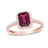 Thumbnail Image 1 of Emerald-Cut Rhodolite Garnet and 1/6 CT. T.W. Diamond Frame Ring in 10K Rose Gold