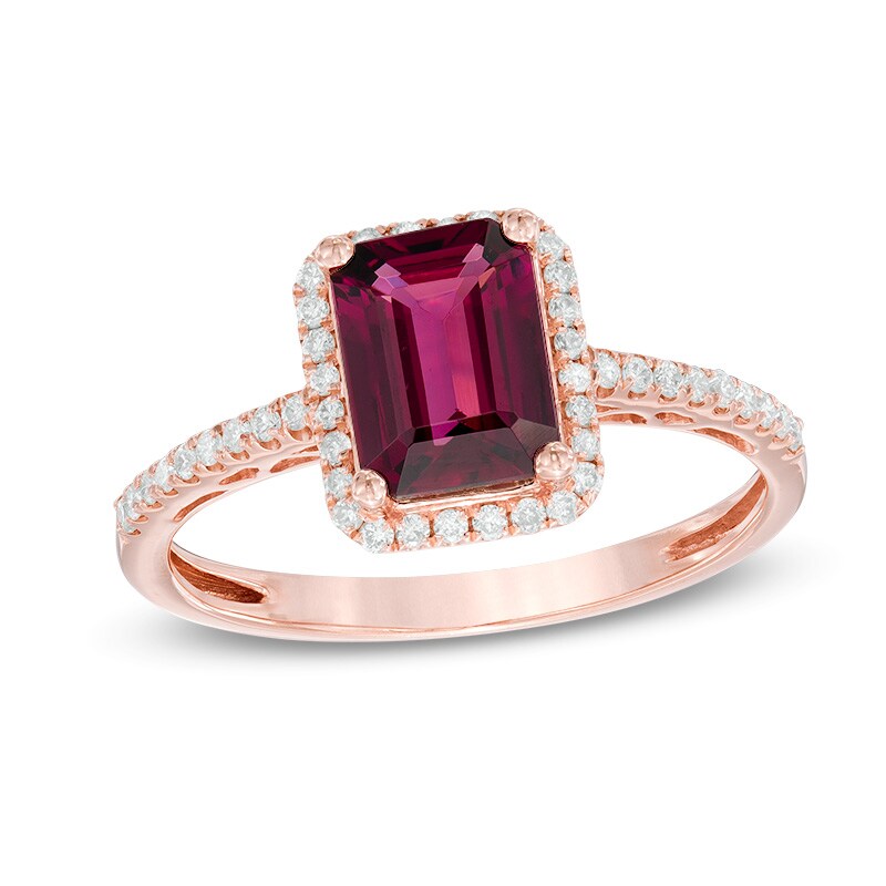 Main Image 1 of Emerald-Cut Rhodolite Garnet and 1/6 CT. T.W. Diamond Frame Ring in 10K Rose Gold