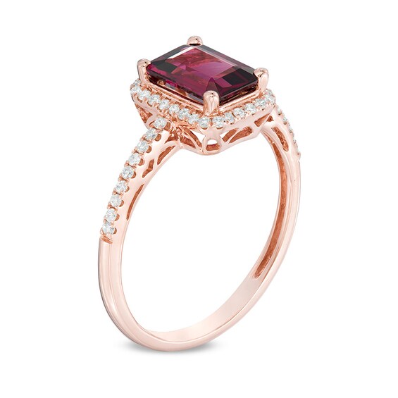 Emerald-Cut Rhodolite Garnet and 1/6 CT. T.w. Diamond Frame Ring in 10K Rose Gold