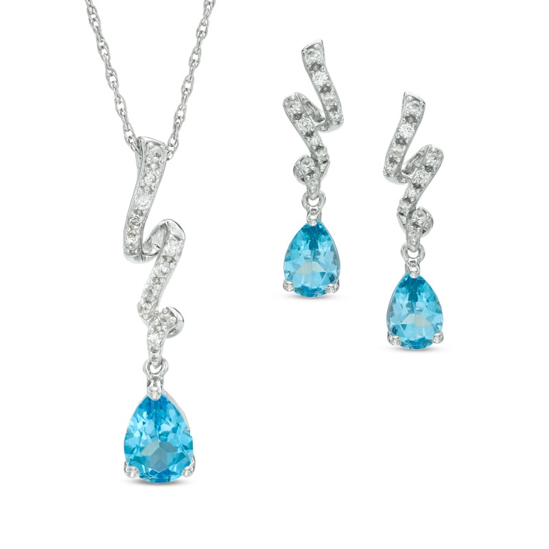 Main Image 1 of Pear-Shaped Blue Topaz and Lab-Created White Sapphire Ribbon Pendant and Earrings Set in Sterling Silver