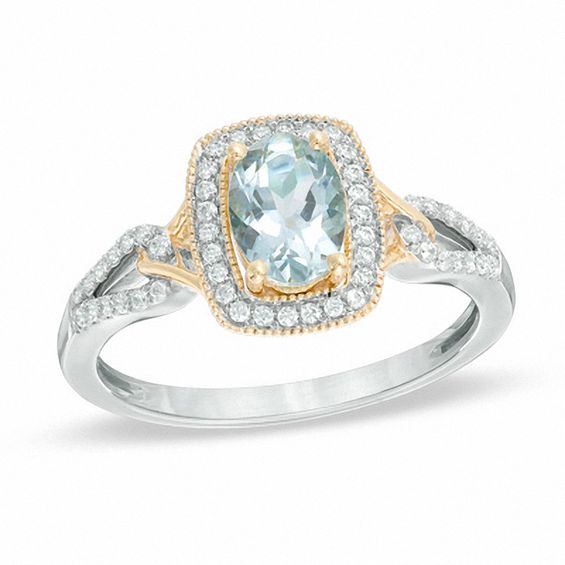 Oval Aquamarine and 1/5 CT. T.w. Diamond Frame Ring in 10K White Gold with Yellow Rhodium