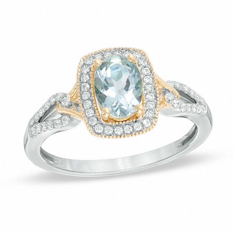 Main Image 1 of Oval Aquamarine and 1/5 CT. T.W. Diamond Frame Ring in 10K White Gold with Yellow Rhodium