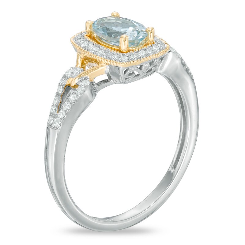 Main Image 2 of Oval Aquamarine and 1/5 CT. T.W. Diamond Frame Ring in 10K White Gold with Yellow Rhodium