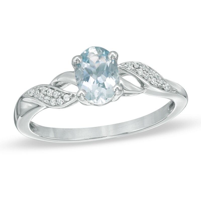 Main Image 1 of Oval Aquamarine and Diamond Accent Twist Ring in 10K White Gold