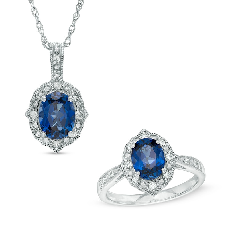 Main Image 1 of Oval Lab-Created Blue and White Sapphire Vintage-Style Frame Pendant and Ring Set in Sterling Silver