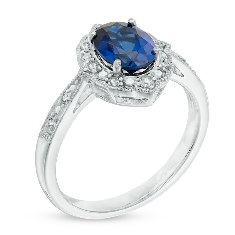 Main Image 2 of Oval Lab-Created Blue and White Sapphire Vintage-Style Frame Pendant and Ring Set in Sterling Silver