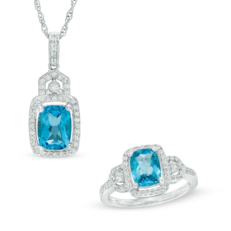 Main Image 1 of Blue Topaz and Lab-Created White Sapphire Pendant and Framed Ring Set in Sterling Silver