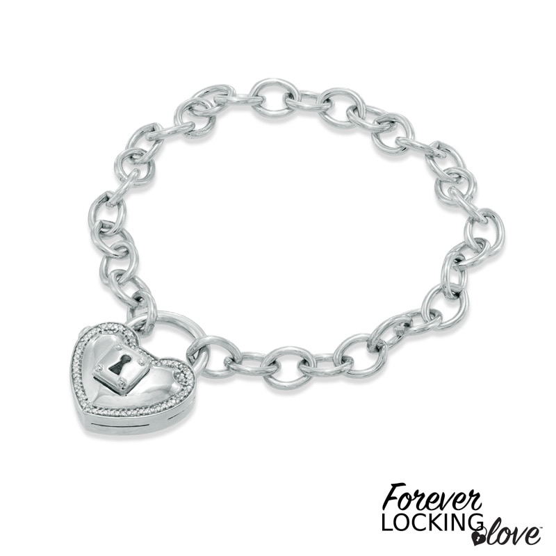 Main Image 1 of Forever Locking Love™ 1/10 CT. T.W. Diamond Heart-Shaped Lock Charm Bracelet in Sterling Silver - 7.5"