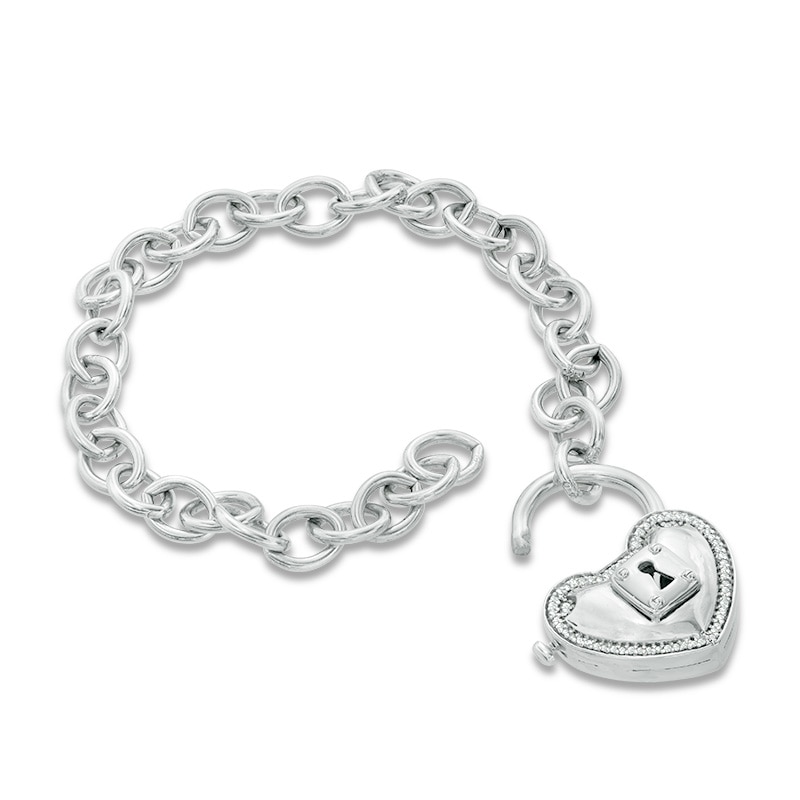 Main Image 2 of Forever Locking Love™ 1/10 CT. T.W. Diamond Heart-Shaped Lock Charm Bracelet in Sterling Silver - 7.5"