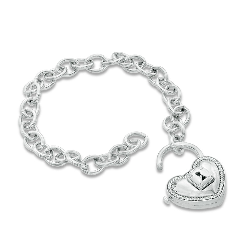 Forever Locking Love™ 1/10 CT. T.W. Diamond Heart-Shaped Lock Charm Bracelet in Sterling Silver - 7.5"