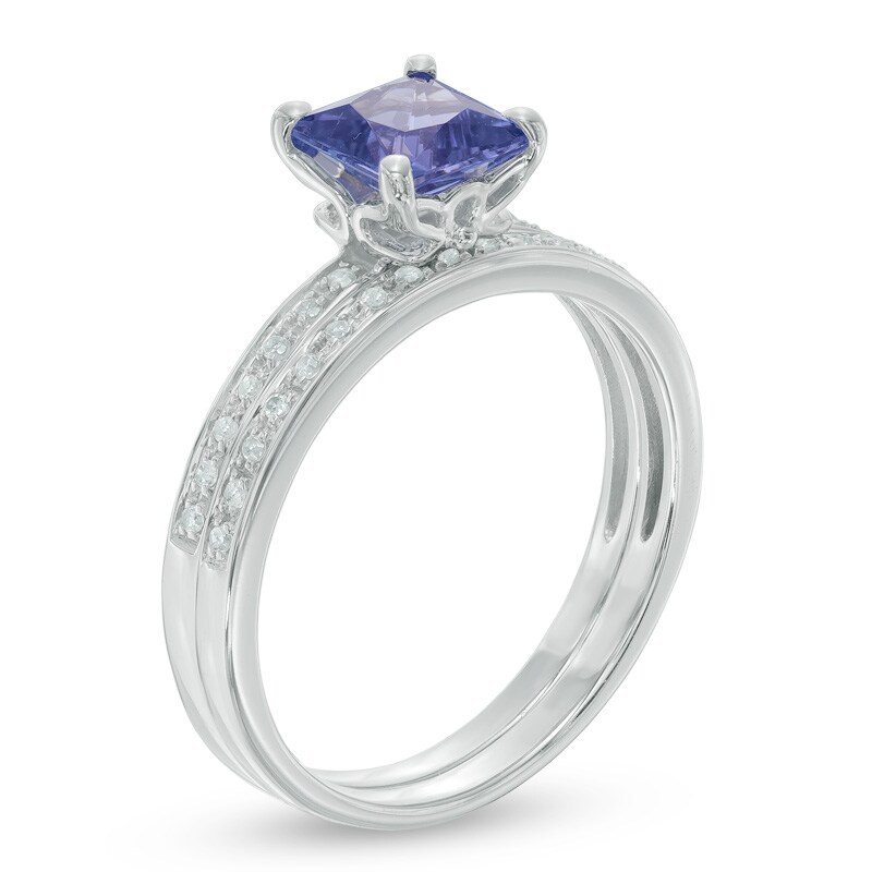 Main Image 2 of 6.0mm Princess-Cut Tanzanite and 1/10 CT. T.W. Diamond Bridal Set in 14K White Gold