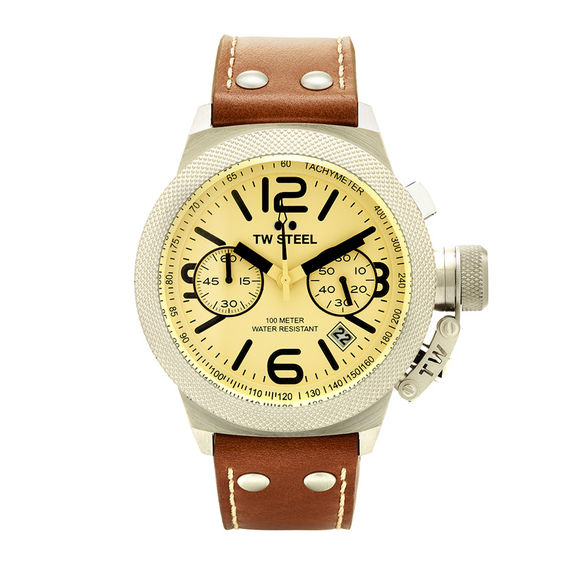 Men's TW Steel Canteen Chronograph Leather Strap Watch with Champagne Cream Dial (Model: Cs13)