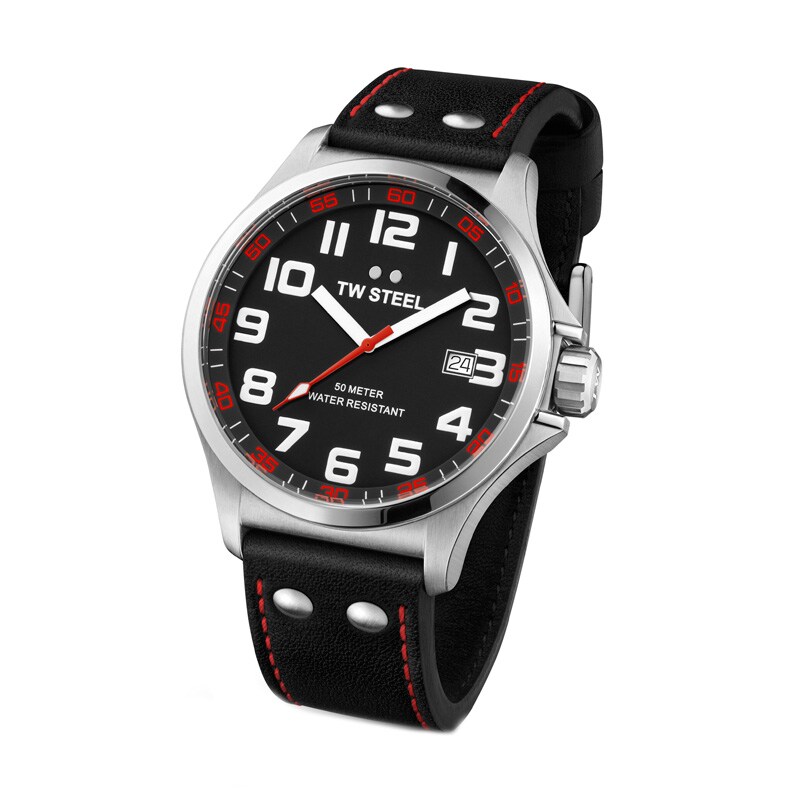Main Image 1 of Men's TW Steel Pilot Leather Strap Watch with Black Dial (Model: TW411)