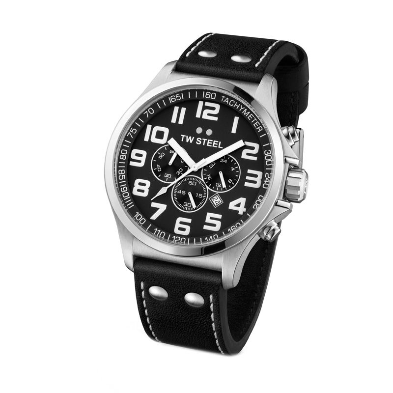 Men's TW Steel Pilot Chronograph Leather Strap Watch with Black Dial (Model: TW413)