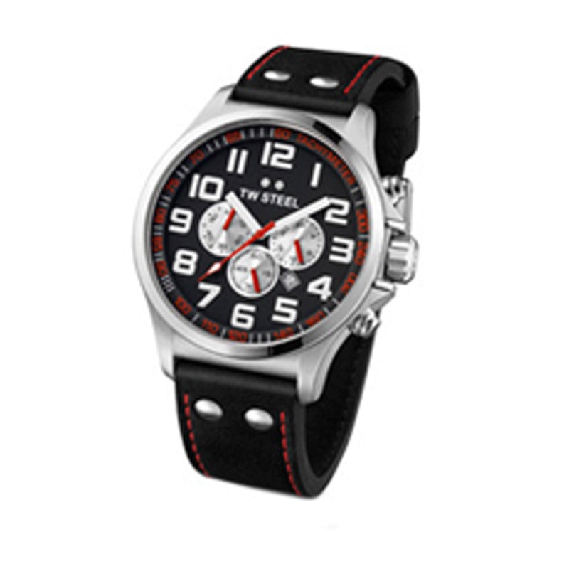 Main Image 1 of Men's TW Steel Pilot Chronograph Leather Strap Watch with Black Dial (Model: TW415)