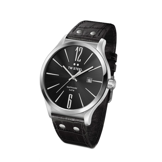 Men's TW Steel Slim Line Leather Strap Watch with Black Dial (Model: Tw1300)
