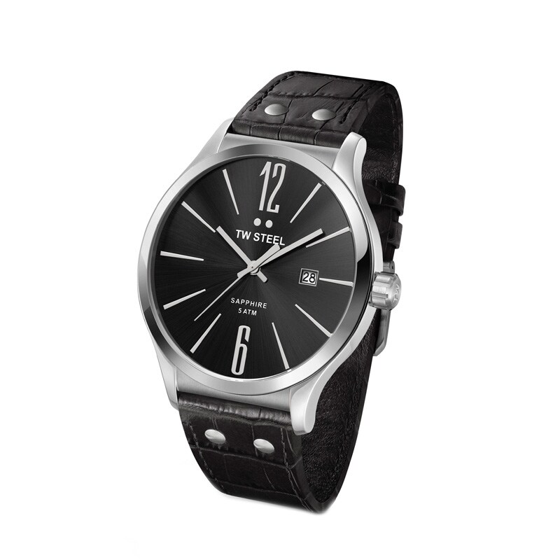 Men's TW Steel Slim Line Leather Strap Watch with Black Dial (Model: TW1300)